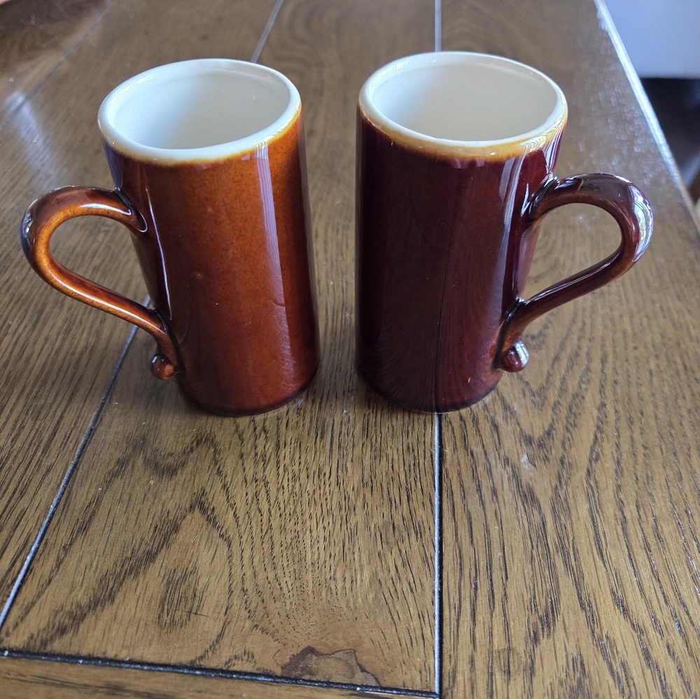 Vintage Brown Glazed With Cream Interior Demitasse Cups Set Of 2
